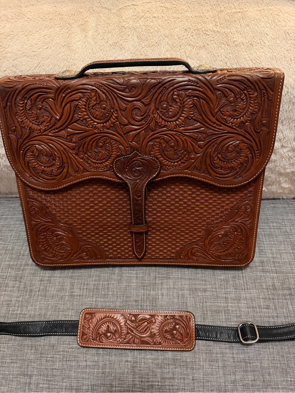 Premium Tooled Leather Crossbody Briefcase - Brown
